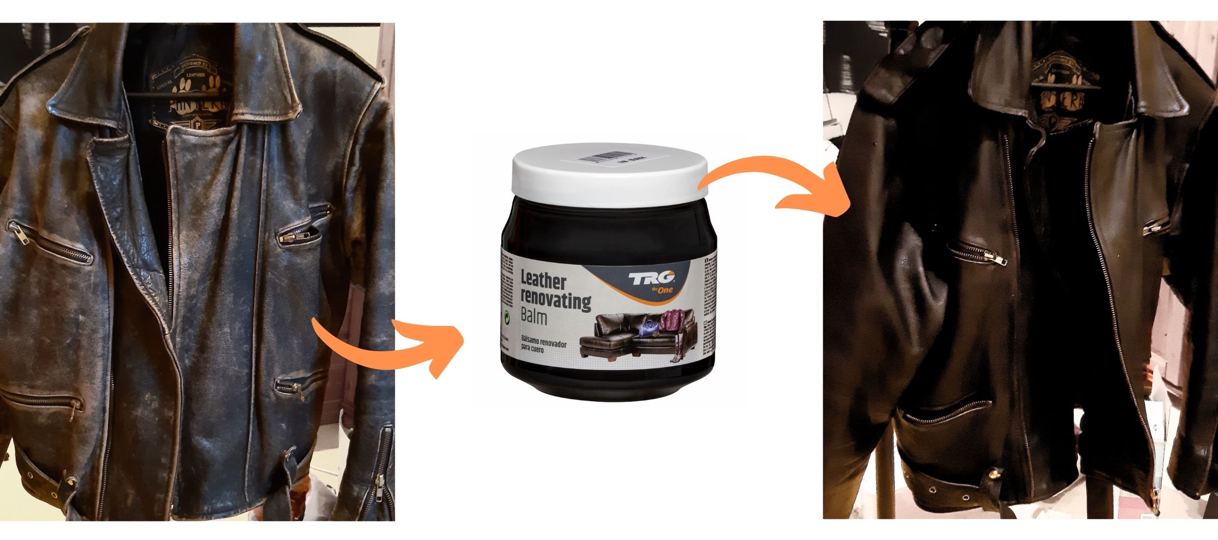 Černý Krém na kožené bundy 118 Black Leather Renovating Balm TRG ukázka použití
